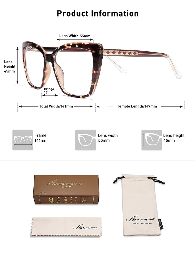 AMOMOMA Trendy TR90 Oversized Blue Light Reading Glasses Women,Stylish Square Cat Eye Glasses AM6031 C1.black+c6.tortoise 1.5 x