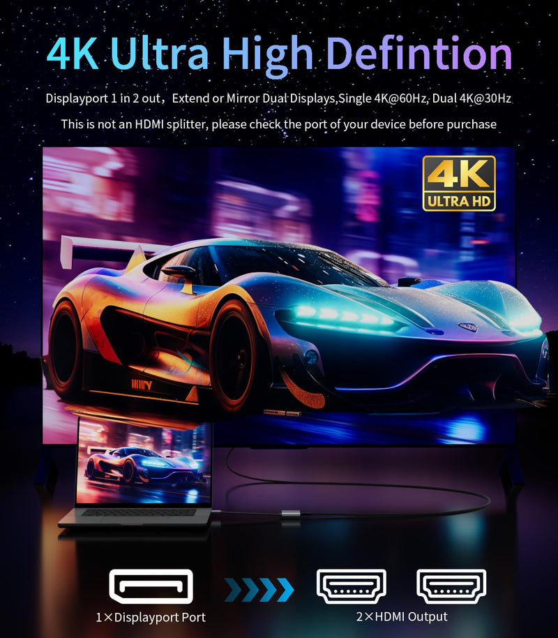 DisplayPort to Dual HDMI Adapter [4K@60Hz] DP to HDMI Splitter 1 in 2 Out Extended Display, DP 1.2 to 2 HDMI Female Converter for Dual Monitors Compatible with PC,Graphic Card and More