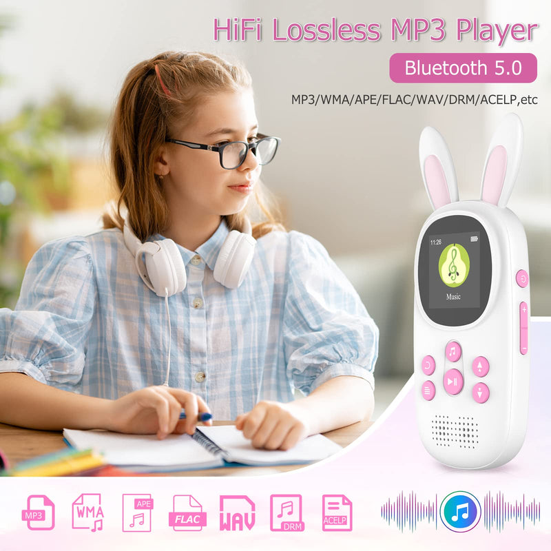 Mp3 Player for Kids, Cute Bunny Kids Mp3 Player with Bluetooth, 32GB Mp3 Players with Speaker, FM Radio, Recordings, Alarm, Pedometer, Stopwatch, Support up to 128GB