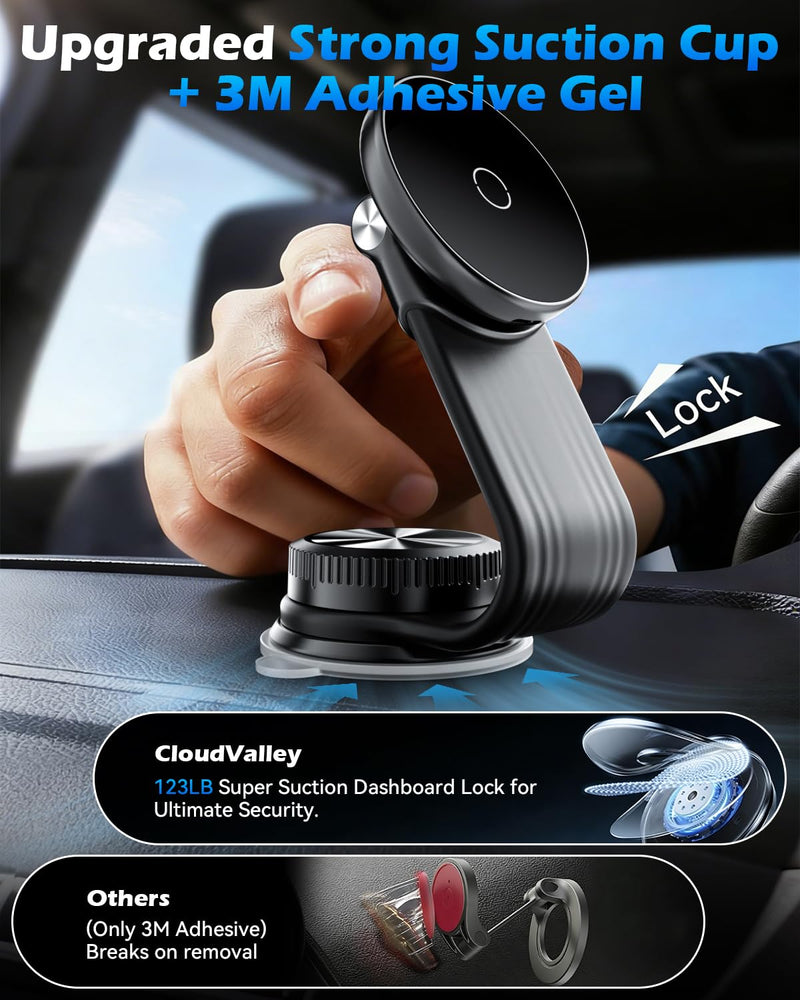 CloudValley Magnetic Car Mount with 15W Fast Charging, 360° Adjustable Bendable Aluminum Arm, Dashboard & Windshield Wireless Charger Phone Holder with Upgraded Silicone Adhesive Pad for iPhone Magnetic Wireless Car Charger