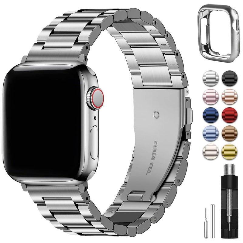 Fullmosa Compatible Apple Watch Stainless Steel Band with Case 38mm 40mm 41mm Silver & Compatible Apple Watch Silicone Rubber Band 40mm with Screen Protector,Black