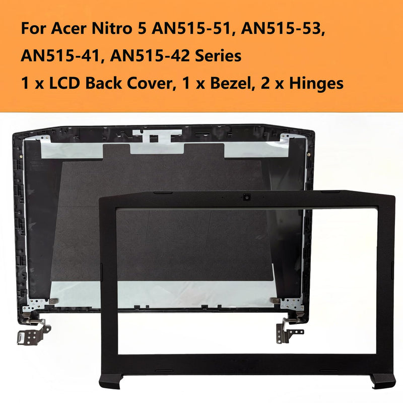 Replacement LCD Back Cover Kit for Acer Nitro 5 AN515-51 | for Nitro 5 AN515-53, AN515-41, AN515-42, Top Lid and Front Bezel with Hinges, Black