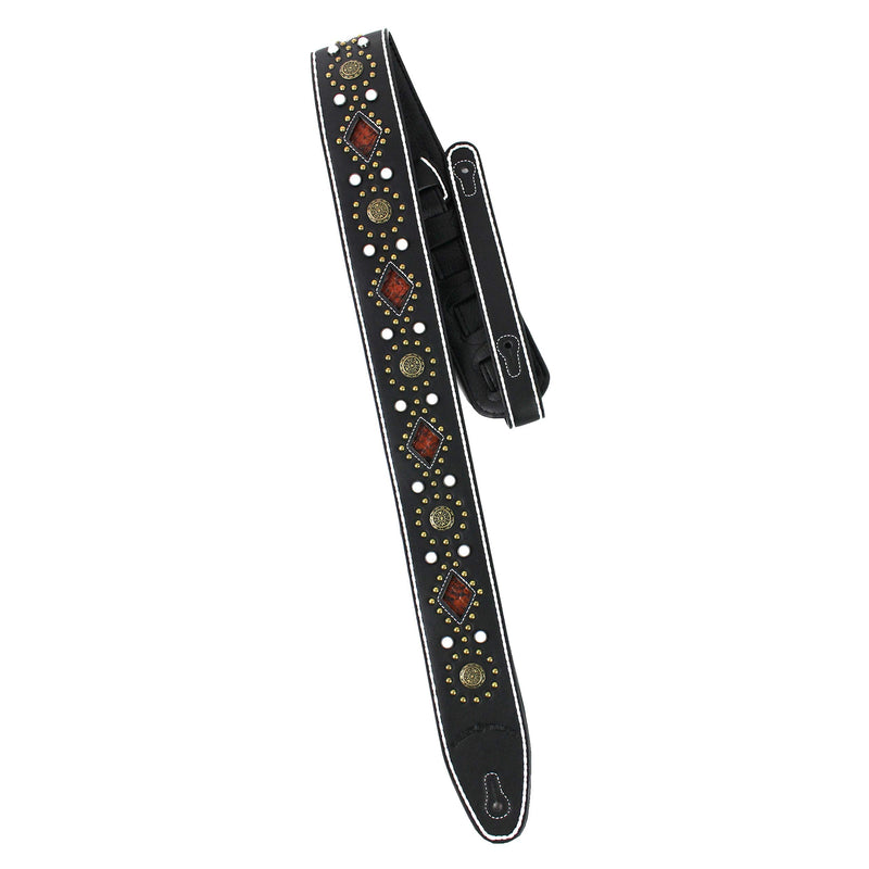 [AUSTRALIA] - Walker And Williams GTR-20-WHT Sedona Special Premium Black Padded Guitar Strap With White Stitching Brass Studs & Rivets For Acoustic, Electric, And Bass Guitars 
