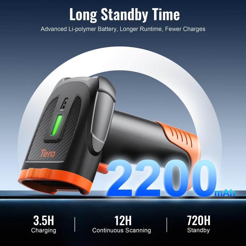 [AUSTRALIA] - Tera Barcode Scanner Wireless Handheld: with 2200mAh Lithium-Polymer Battery Works with Bluetooth 2.4G Cordless USB Wired 1D 2D QR Bar Code Reader for Retail Inventory Management Model D5300 Orange 