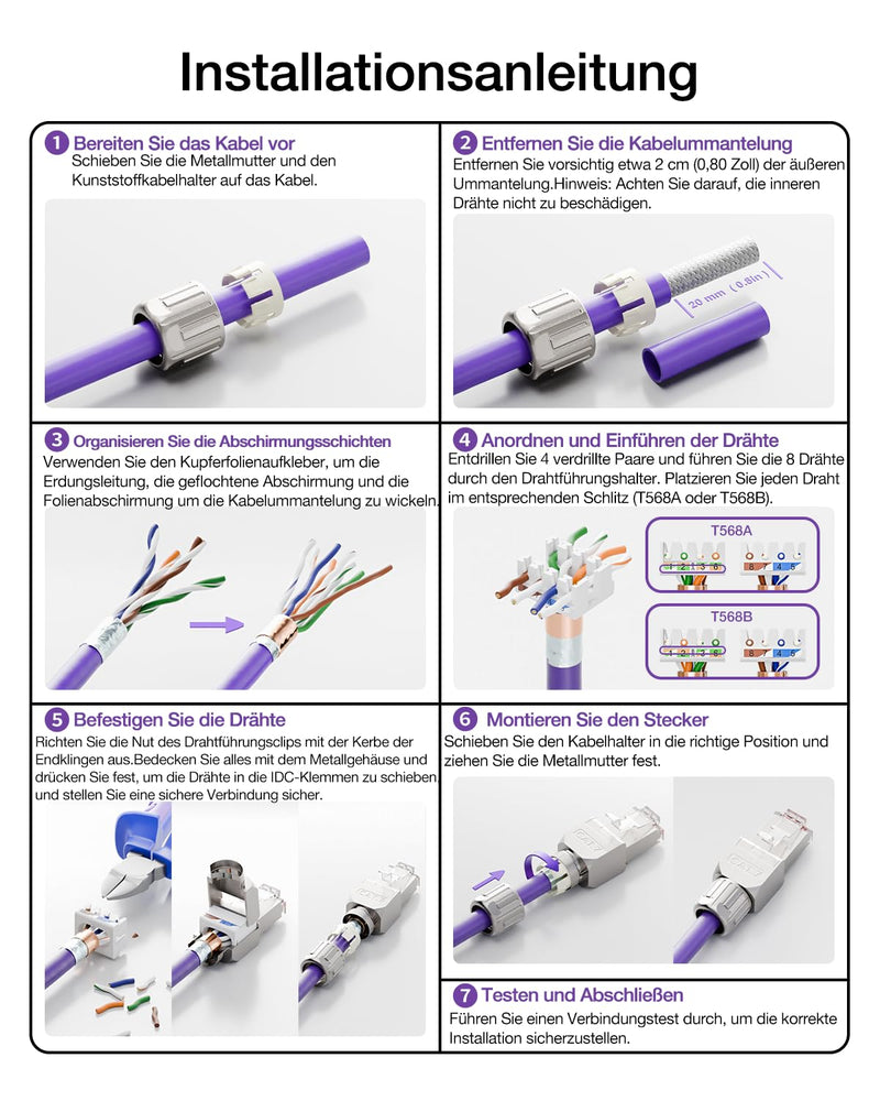 VCELINK CAT 7 RJ45 Plug, CAT 7 Network Plug LSA Shielded RJ45 Connector Tool-free for Installation Cable CAT8 CAT7 CAT6A, 10 Gbps 600 MHz, Pack of 4 4 pcs.