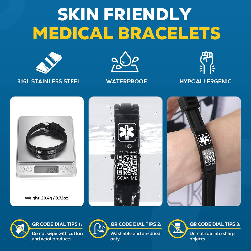 Medical Bracelets for Men Women with QR Code Medical Alert ID Bracelets for Sport Travel - Silicone Waterproof Wristband Fits Wrists Up to 8 inches - More Space Custom Emergency Medic ID Alert Information 9.45'' Folding Buckle - Black+Black