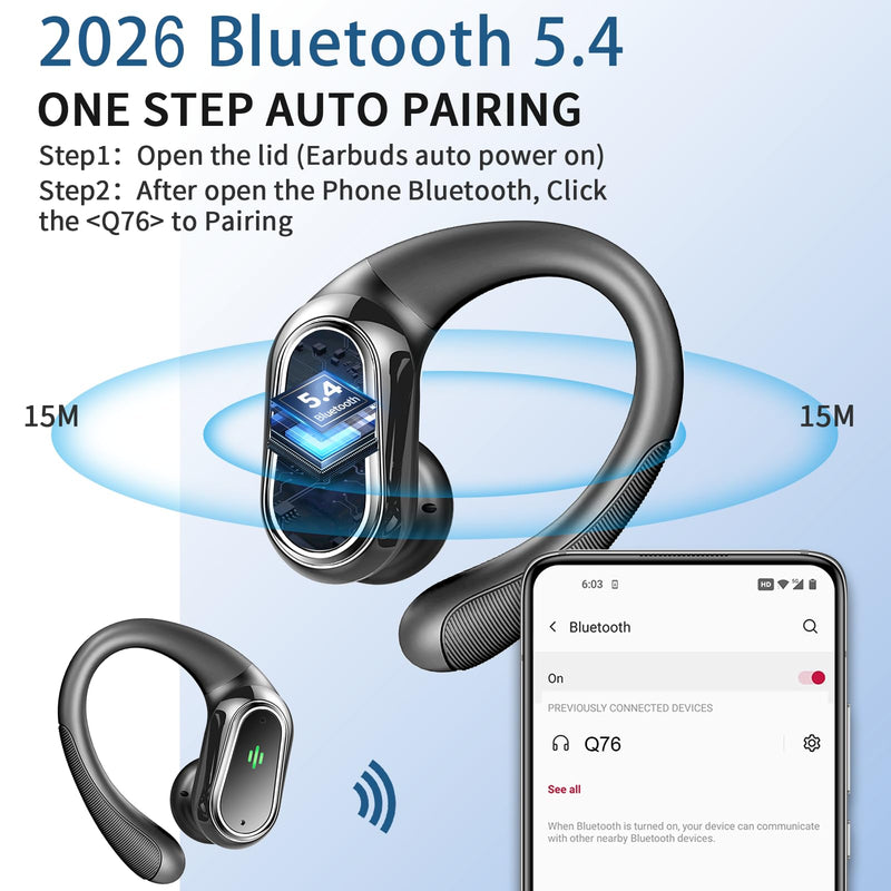 Wireless Earbuds, 2026 Bluetooth 5.4 Headphones Sport, 60Hrs HiFi Stereo Deep Bass Over-Ear buds with ENC Noise Cancelling Mic, IP7 Waterproof & LED Display Earphones with Earhooks for Workout/Running SkyMark Black