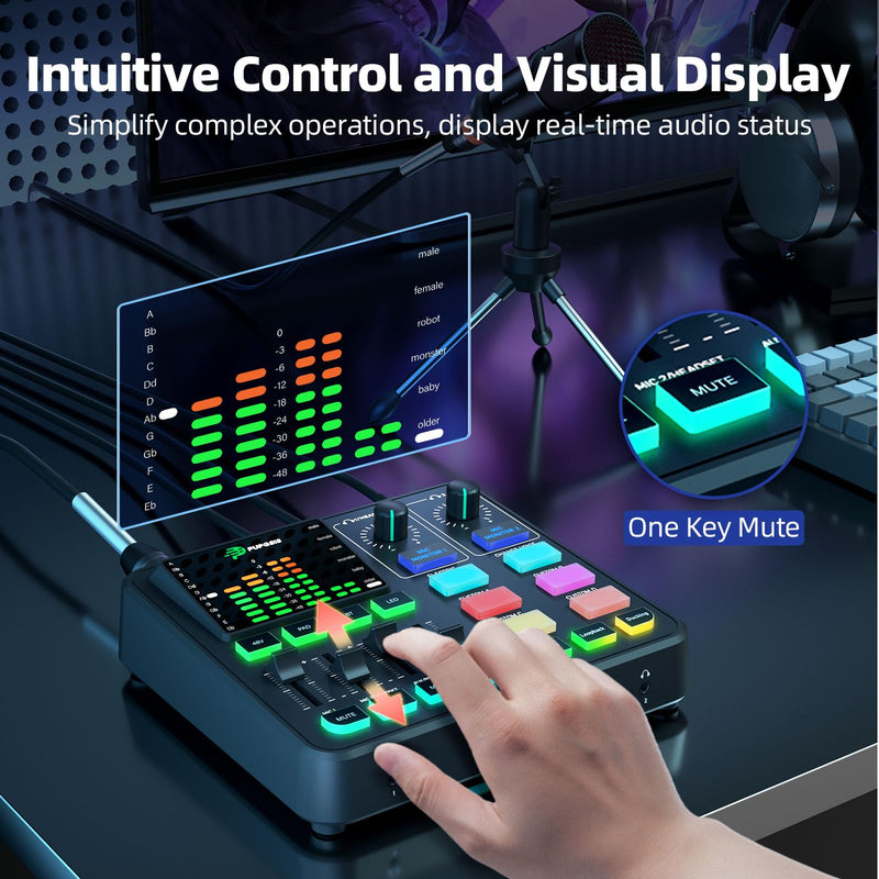 [AUSTRALIA] - PUPGSIS Gaming Audio Mixer, Audio Interface for PC/Podcast/Streaming, Sound Board with 3.5mm/XLR Mic Input, 48V Phantom Power, Voice Changer, Live Sound Card with DJ Mixer Effects/Bluetooth/4 Channel Black 