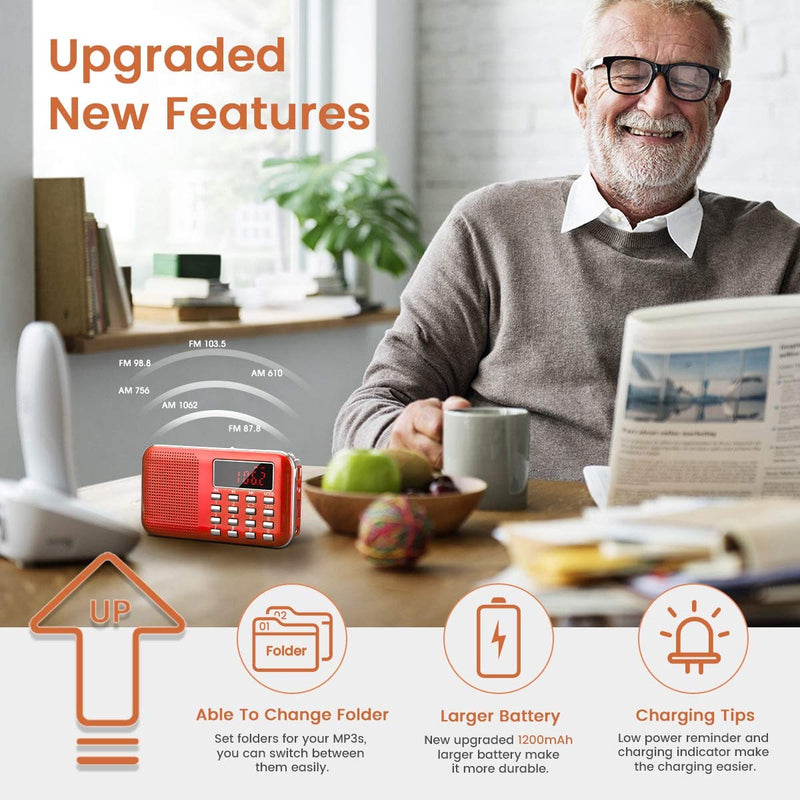[AUSTRALIA] - PRUNUS Mini Portable Radio AM FM Pocket Radio with MP3, LED Flashlight, Digital Radios Speaker Support Micro SD/TF Card/USB, Auto Scan Save, 1200mAh Rechargeable Battery Operated[Latest Version] Red 