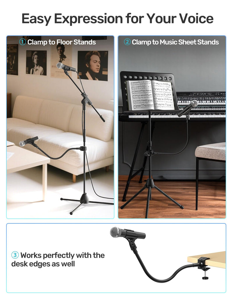 19-inch Gooseneck Microphone Holder Stand, Flexible Mic Arm with Super Crab Clamp for Mic Stand/Desk/Rod/Pole/Stick/Shelf/Tube Clamping, Ideal for Music Stand, Piano, Drum Recording