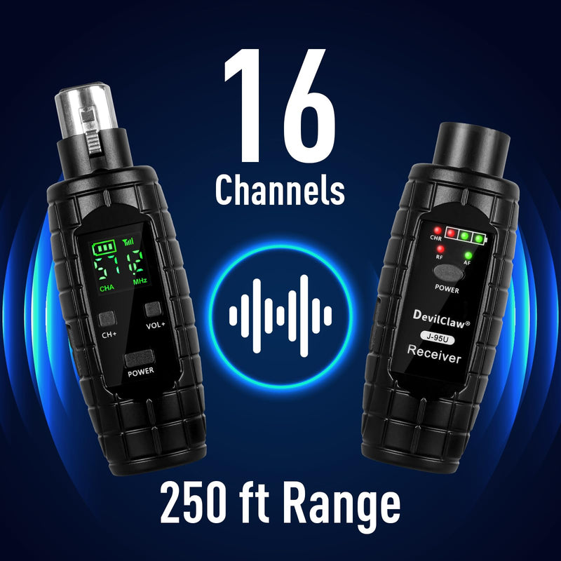 48V Phantom Power Wireless XLR Transmitter Receiver - 0V/5V/48V Switchable Adapter for Dynamic & Condenser Microphones - 16CH UHF System for Mixer PA DJ Guitar