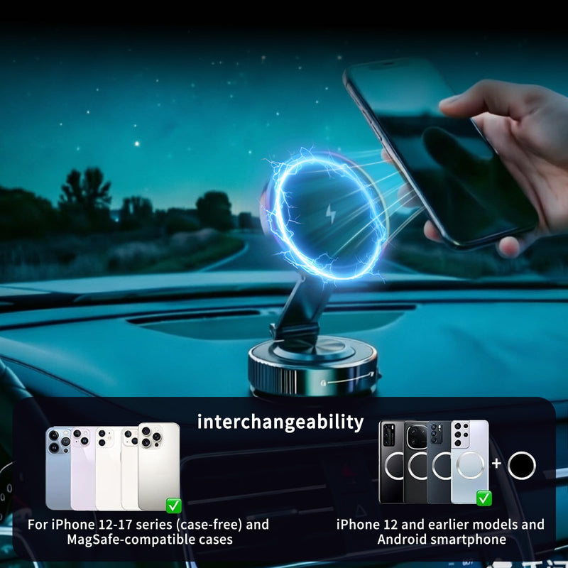 for MagSafe Car Mount Charger, 15W Magnetic Wireless Car Charger, 360° Adjustable Car Phone Holder, Strong Magnetic, Vacuum Magnetic Phone Holder with Nano Adhesive Base for iPhone 17-12 & Android