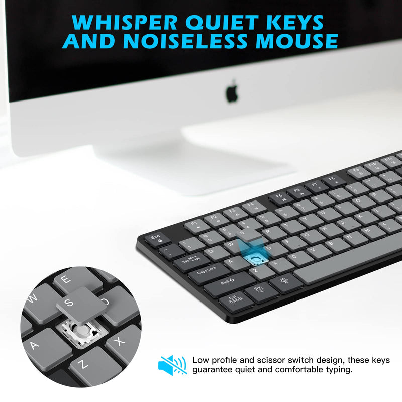 POWZAN Wireless Keyboard and Mouse, Ultra Slim Compact Full Size Wireless Keyboard and Mouse Combo 2.4G Ultra-Thin Sleek Design for Windows, Mac, Computer, Desktop, PC, Notebook - (Black Gray) Black Grey