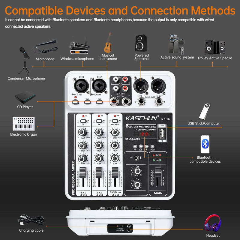 [AUSTRALIA] - Professional DJ audio mixer, 4-channel DJ mixer, Bluetooth sound mixer, supports USB/MP3/BT computer input, 48V phantom power stereo studio audio mixer suitable for DJ studio streaming recording KX04 