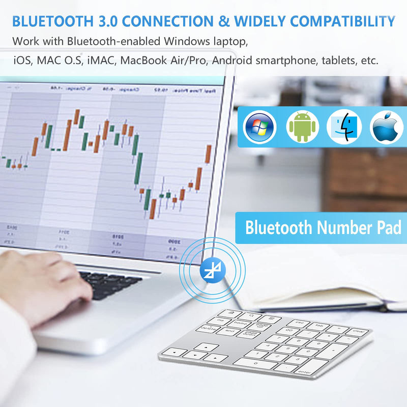 Bluetooth Number Pad, Lekvey Aluminum Rechargeable Wireless Numeric Keypad Slim 34-Keys External Numpad Keyboard Data Entry for Laptop, MacBook, MacBook Air/Pro, iMac, Windows, Surface Pro - Silver White and Silver