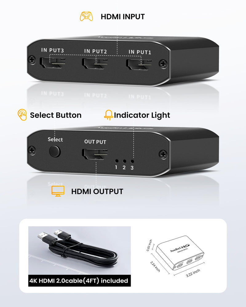 [AUSTRALIA] - HDMI Switch 3-Port 4K@60Hz Aluminum Alloy[with 4FT HDMI 2.0 Cable], avedio links 4K HDMI Switcher, 3 Way HDMI Selector Switch, HDMI Switch 3 in 1 Out Support HDCP 2.2, HDR 10, for PS5, PS4 (Black) Aluminum Alloy 4K@60Hz 3x1 Black 