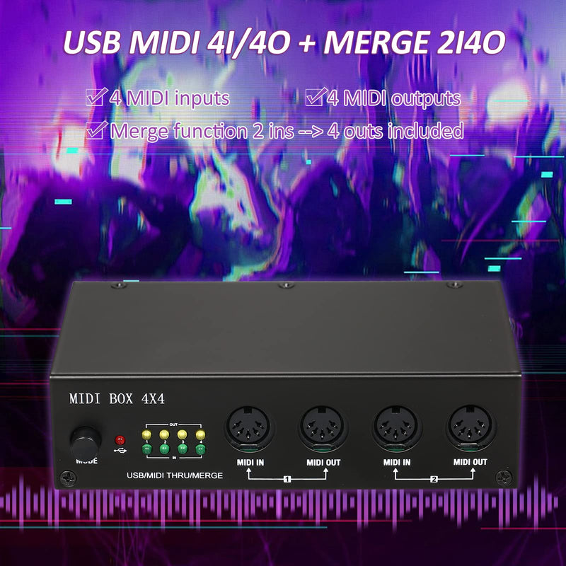 MIDI Interface USB MIDI Interface MIDI Box 4X4 devices for music 4 IN /4 Out 64 MIDI Channels 4i/4o + Merge 2i4o Black