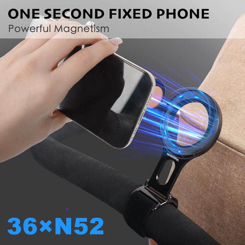Magnetic Phone Holder for Stroller Bar, Gym Fitness Phone Mount for MagSafe, (Strong Magnet) - 180° Adjustable for Gym, Peloton Exercise Bikes, with Adjustable Strap (Magnetic Ring Included) Black