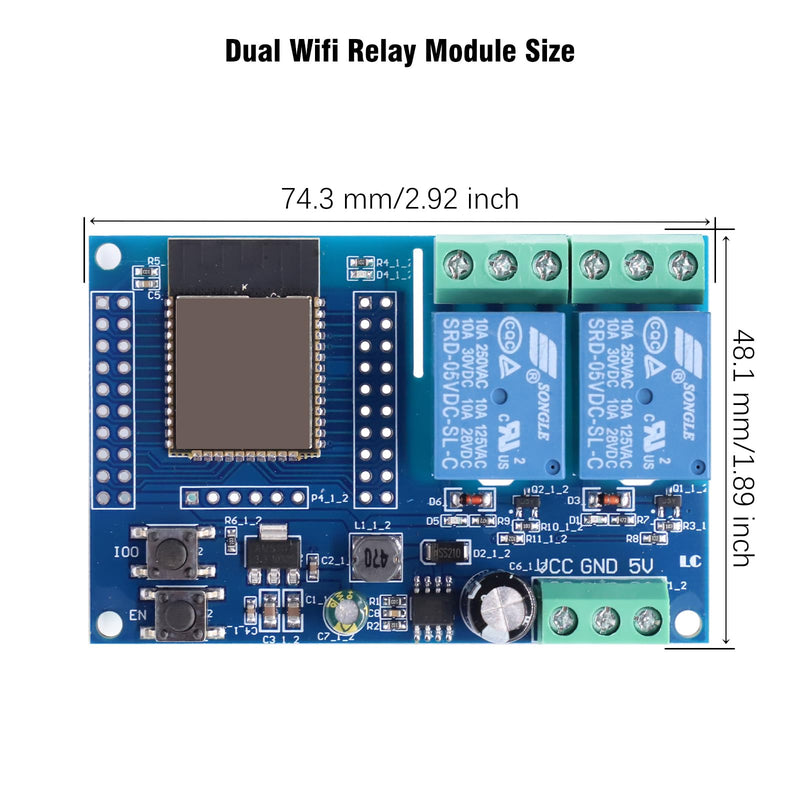 Binghe ESP Relay 2-Channel Module, ESP-32 Relay Development Board with 4 MB Flash Dual WiFi DC5-60V Power Supply for Secondary Development Learning (LC-Relay-ESP32-2R-D5)