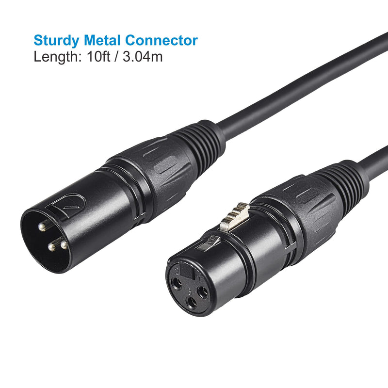 10ft/3.04m DMX Cable, 4 Pack, 3.04m DMX Cables, 3 Pin XLR Male to Female, Shielded, Soft PVC Sheath, Sturdy Metal Connector, Ideal for Stage & DJ Lighting