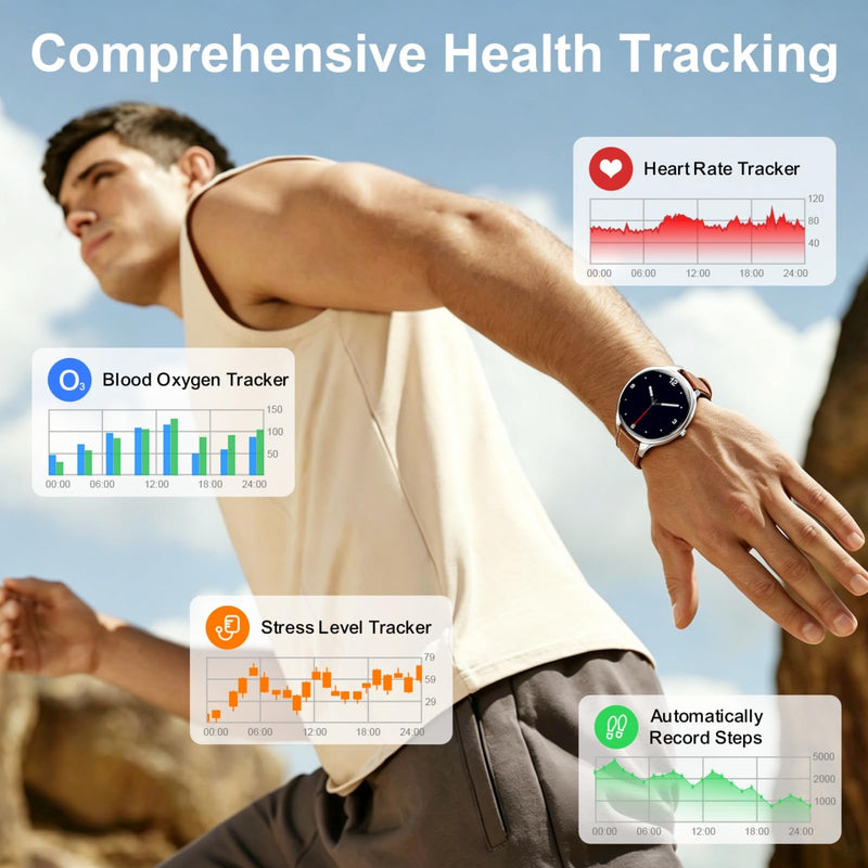 Smart Watches for Men, 1.43" AMOLED HD Screen 6.8mm Ultra Thin Men's Wrist Watches, Answer/Make Call for Android iPhone, Monitor Heart Rate Blood Oxygen Sleep Mens Leather Watch (Brown)