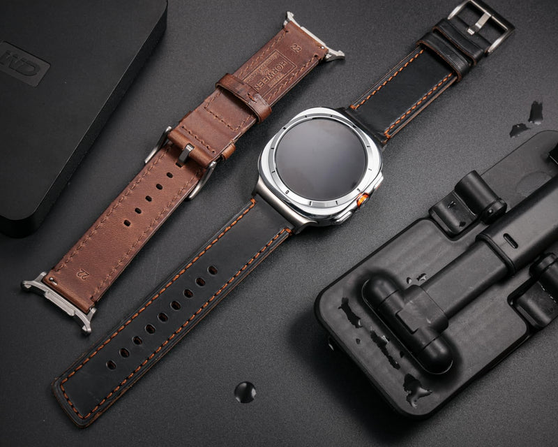 Band Compatible with Samsung Galaxy Watch Ultra 2/1 47mm (2026/2025/2024), Vintage Horween Leather Wristband Replacement Strap for Galaxy Watch Ultra Men Women Black+Natural / Silver Buckle Galaxy Watch Ultra 47mm (2026/2025/2024)