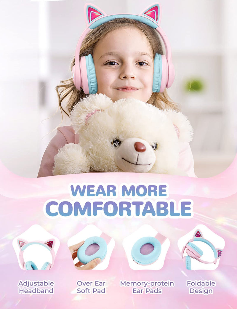 iClever BTH13 & BTH12 Kids Bluetooth Headphones Bundles, Colorful LED Lights Up, 74/85/94dB Volume Limited, Bluetooth 5.2, AUX Cable, Over Ear Kids Headphones Wireless for iPad/Tablet/Travel