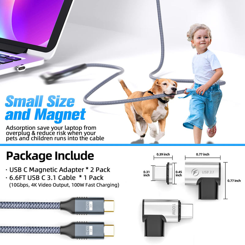 2Pack USB C Magnetic Adapter 24Pin Magnetic USB C Adapter with 6.6FT USB C 3.1 Cable Support PD 100W Quick Charge, USB 3.1 10Gbps Data Transfer, 4K@60Hz Video Output for MacBook Pro/Air USB-C Laptop
