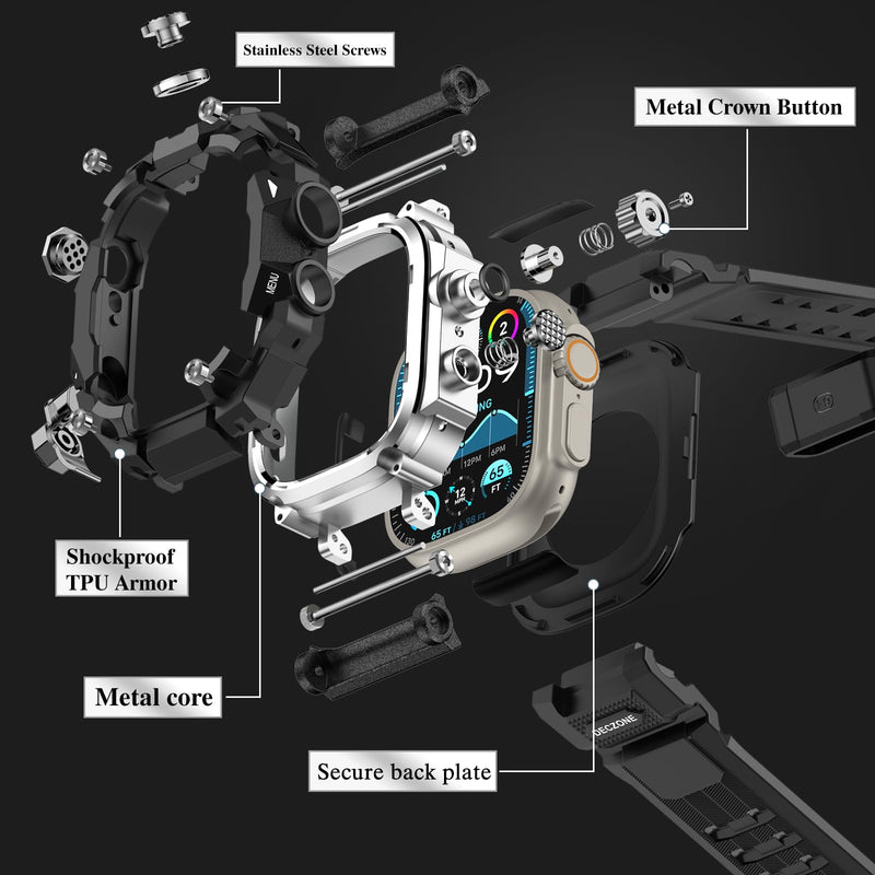 Sport Band with Rugged Case Compatible for Apple Watch Bands 49mm | Military Grade Protective Bumper Cover Tactical Strap for iWatch Ultra 3 2 1 Men (Silver 49 mm) Silver 49mm(Ultra 3 2 1)