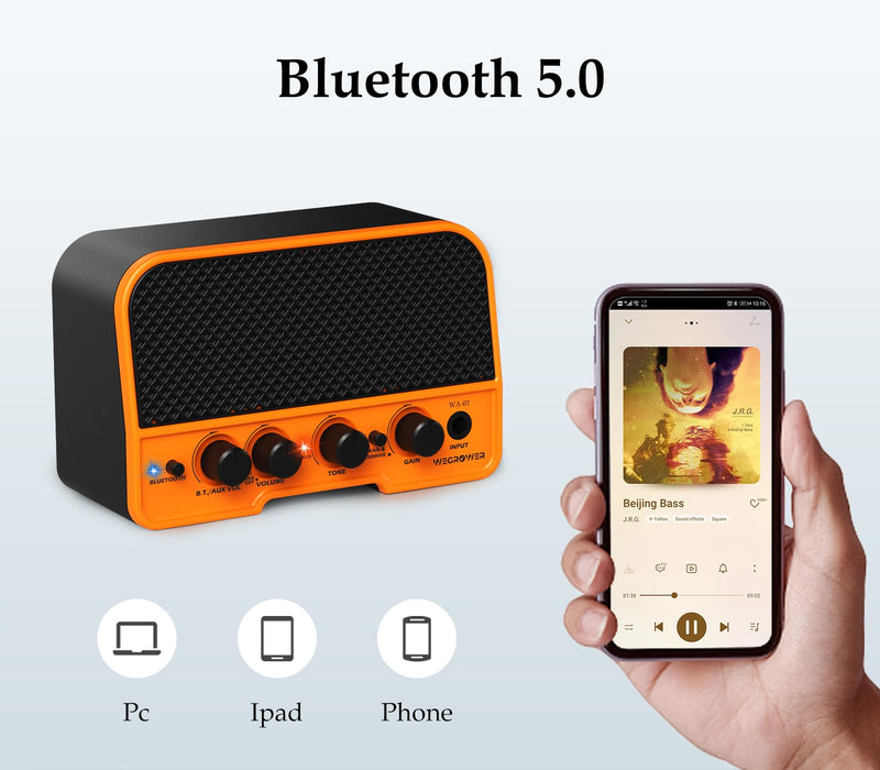 Electric Guitar Amp, Bluetooth 5W Rechargeable Amplifier, Clean &Overdrive Effects 2 Channels with Headphone Output, Small Guitar Amp for Electric Guitars