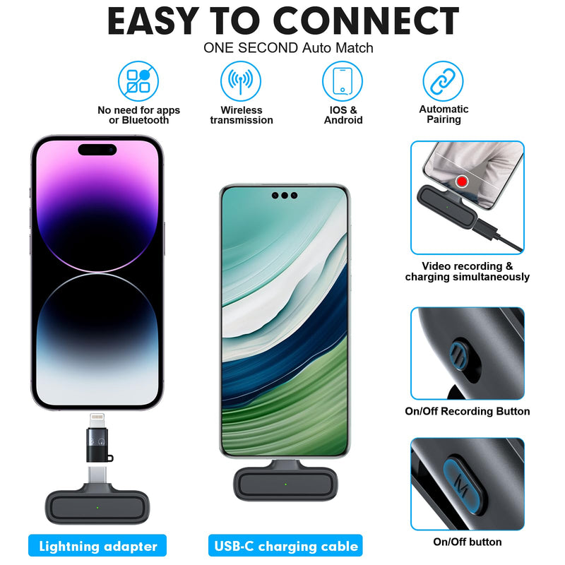 [AUSTRALIA] - 2-Pack Wireless Lavalier Microphone for iPhone Android - Plug and Play Noise Reduction Clip-on Mic with Charging Case, for Vlogging YouTube Live Streaming Zoom Meetings Video Recording Youtuber Oval Case Dark Black 