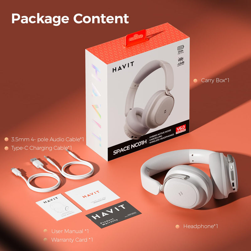 havit Noise Cancelling Headphones Over Ear, Wireless Bluetooth Headphones with 132H Playtime, Fast Charge 5 Min=5H, Foldable, Dual Device, with Mic for Travel Work Office, Gray