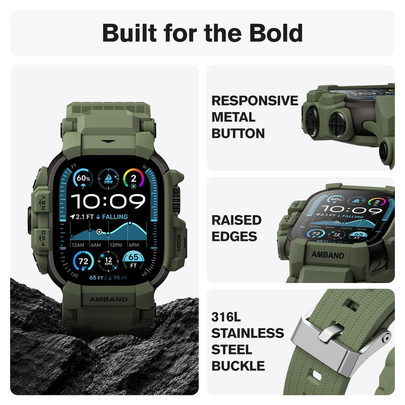 amBand Rugged Case with Band Compatible with Apple Watch Ultra 3/2/1 49mm for Men, Shockproof Protective Case with 9H Screen Protector, Sport Band & Bumper Cover, Army Green