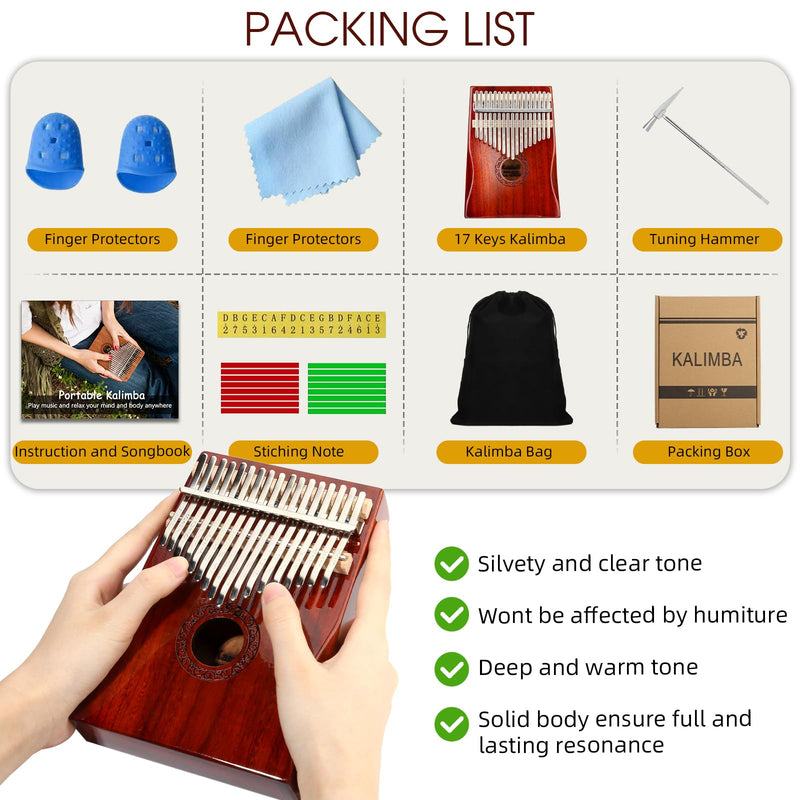 Kalimba Thumb Piano,YUNDIE Portable 17 Keys Mbira Finger Piano with Tune Hammer and Study Instruction,Musical Instruments Gift for Adult Beginners Professional(Brownish Red) (17 Keys)
