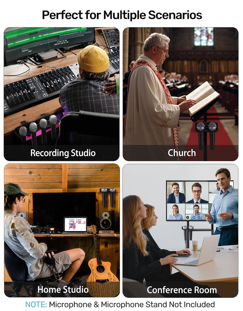 Multi Microphone Holder with Clamp (Aluminum/Rubber), Mount on Mic Stand & Desk Edge & Wall, Hold Up to 2 Wired/Wireless Handheld Mics, Ideal for Church, Street Performance, Home Studio, Karaoke