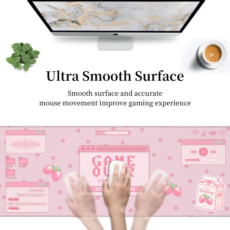 Pink Game Strawberry Milk Gaming Mouse Pad XL, Large Extended Mousepad Desk Pad, Long Nonslip Rubber Mice Mats Stitched Edges Playmat for Office Home Gamer, 31.5x11.8 Inch Pink Game Strawberry Milk