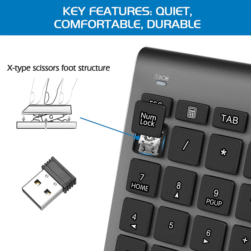 Number Pads, Foloda Wireless Eexternal Data Entry Numeric Keypads 22 Keys 2.4G Num Pad for for Laptop, PC, Desktop, Surface Pro, Notebook Grey