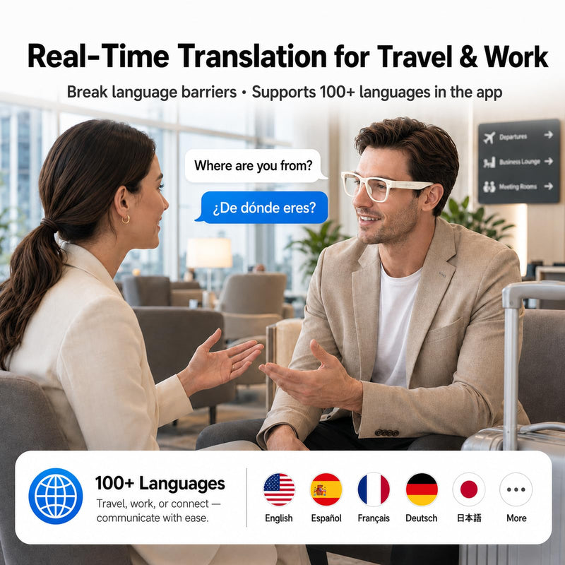 AI Smart Glasses with Camera Stabilization - 8MP POV Video Recording, Real-Time AI Translation, Smart Assistant, Dual-Mic Noise Canceling for Travel & Meetings - Anti-Blue Light, Beige Frame