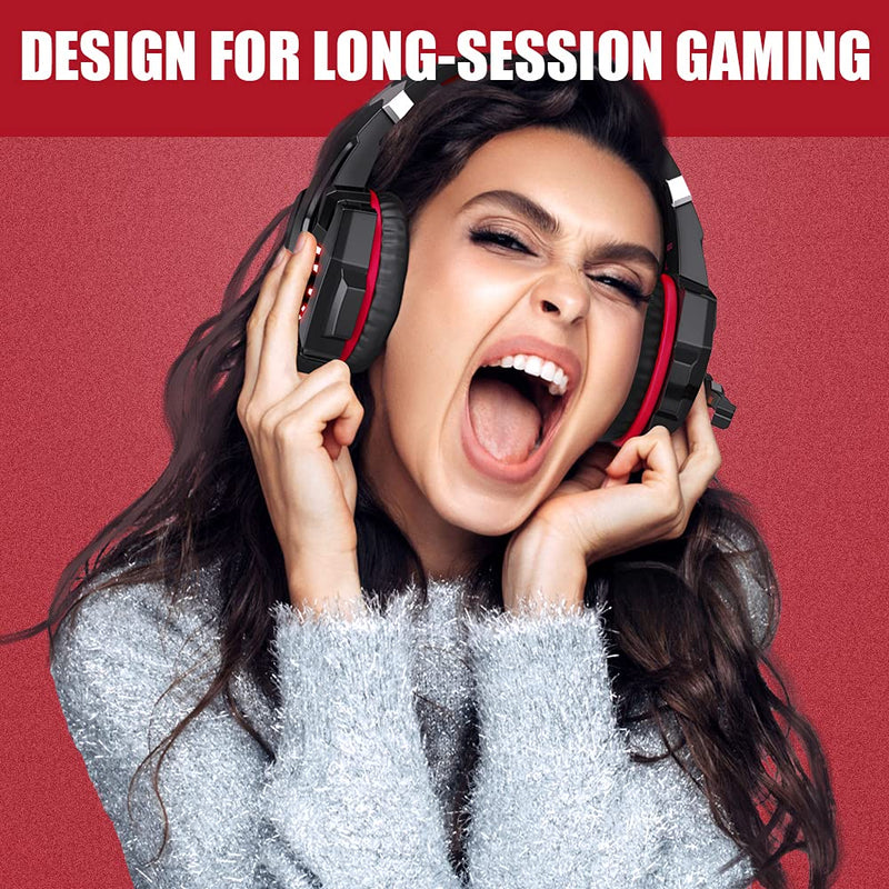 BENGOO Stereo Pro Gaming Headset for PS4, PC, Xbox One Controller, Noise Cancelling Over Ear Headphones with Mic, LED Light, Bass Surround, Soft Memory Earmuffs for Laptop Mac Wii Accessory Kits Red