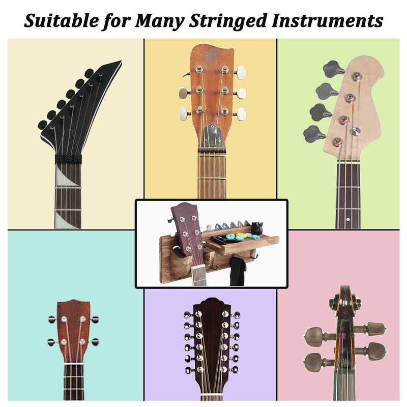 Bikoney Wall Mount Guitar Hanger Shelf with Pick Holder and 3 Hooks - Carbonized Black Guitar Holder for Acoustic, Electric, Bass, Ukulele [U.S. Patent]