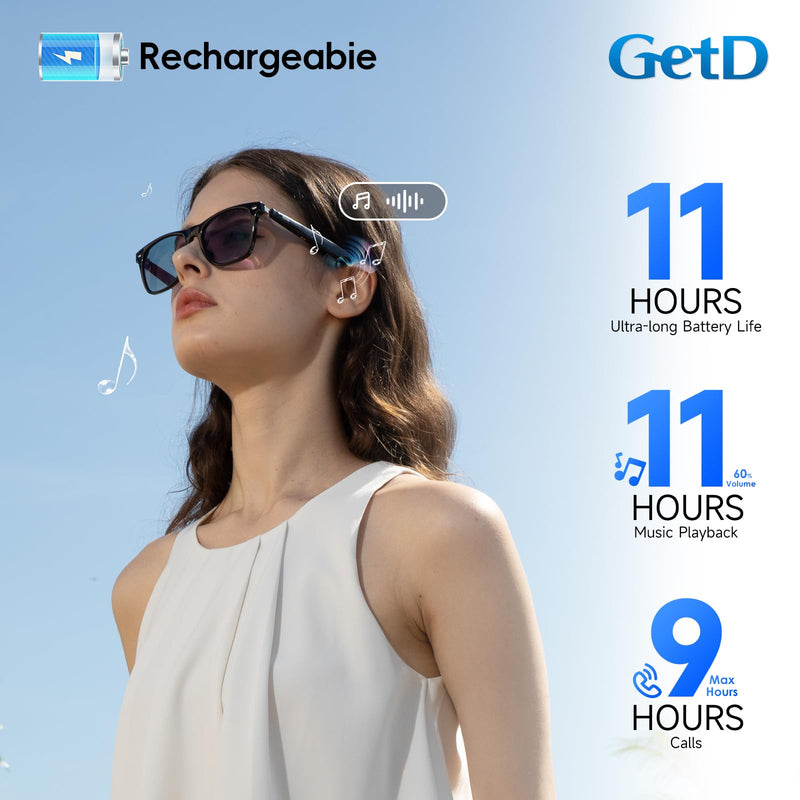 GetD AI Glasses, Smart Glasses Powered by ChatGPT, Real-Time AI Translation | Photochromic lens, AI translation in 145 languages, Hands‑free calls, Immersive audio, Holds AI conversations Black + Grey Photochromic Lens Large