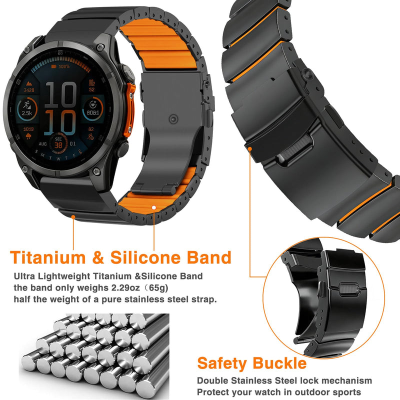 Abanen Lightweight Titanium Silicone Watch Band for Garmin Fenix 8 / Tactix 8 / epix Pro/Enduro, Elevate Dual-Layer Wrist Strap with Flip-Lock Folding Clasp for Fenix 7 /Instinct 3/ Approach S70 47mm Black-Orange 26mm