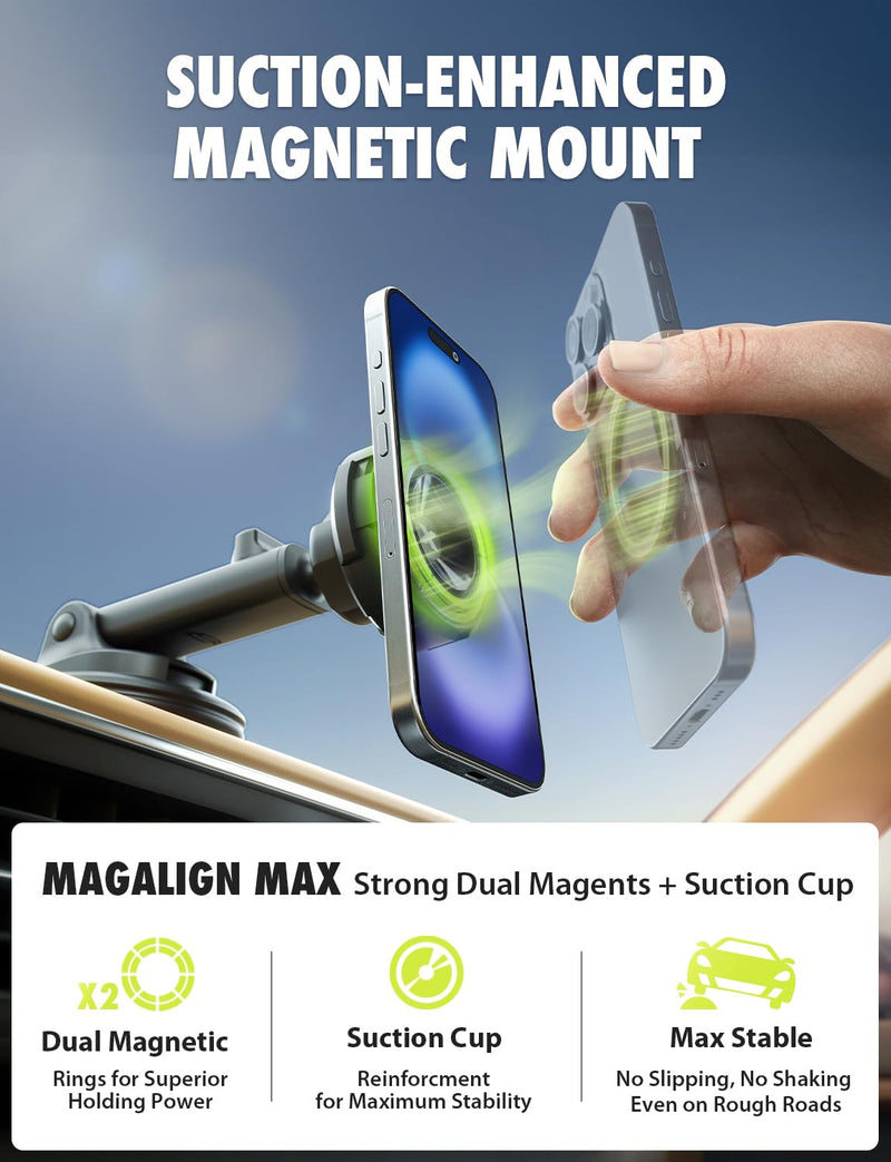 Bracketron MagAlign Max Magnetic Car Phone Holder, Vent Mount, MagSafe | MagSafe car phone mount with magnetic mount and suction base, vent holder for iPhone 17/16/15/14/13/12 models