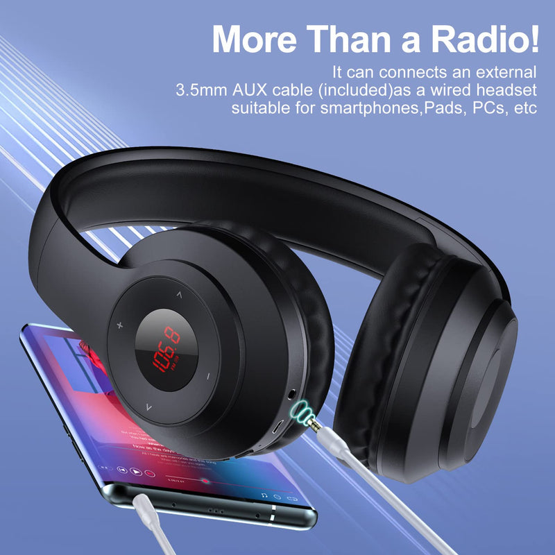 X5 Rechargeable & Portable FM Radio Headphones with Best Reception,LED Display,Soft Ear Muffs, FM Headset Radio Receiver for Meeting, Works, Hiking, Jogging (Black) Black