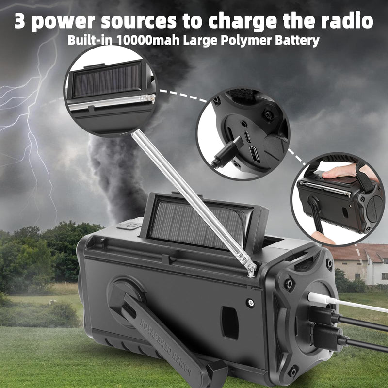 [AUSTRALIA] - QAUYYW Upgraded 37000mWh Emergency Hand Crank Radio AM/FM with LED Flashlight Solar Radio, Portable Weather Radio, Emergency Cell Phone Charger for Family Outdoor Camping and Emergency Rescue Us black 
