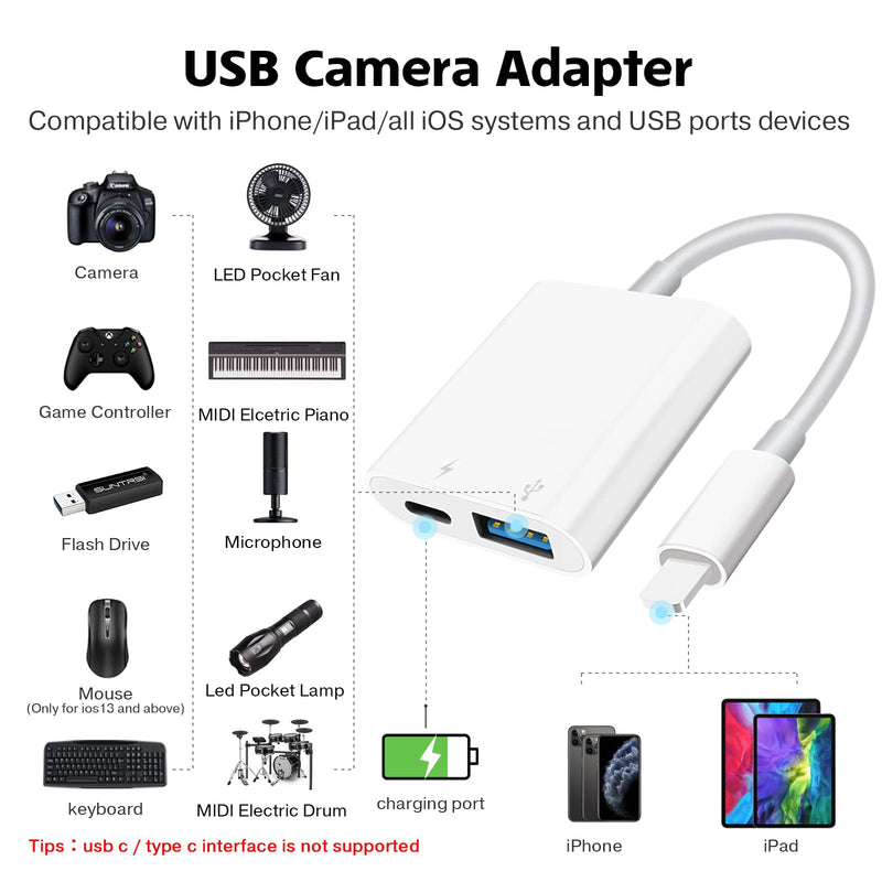USB Camera Adapter, USB Female OTG Adapter Compatible with iPhone iPad, Portable USB Adapter for iPhone with Charging Port, No Application, Plug and Play