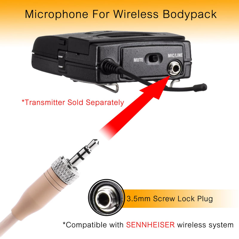 Concealed Single Earhook Headset Microphone Compatible with Sennheiser Wireless Bodypack Transmitter, Omnidirectional Condenser Mic with Windscreen, Ideal for Lectures, Singing 3.5mm Lock Plug