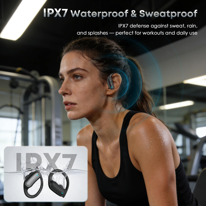 Wireless Earbuds Bluetooth Headphones, 54H Playtime Full Stereo Over Ear Buds with ENC Noise Cancelling, LED Power Display, IPX7 Waterproof Sport Earphones with Earhooks for Running/Workouts Black Soft Black