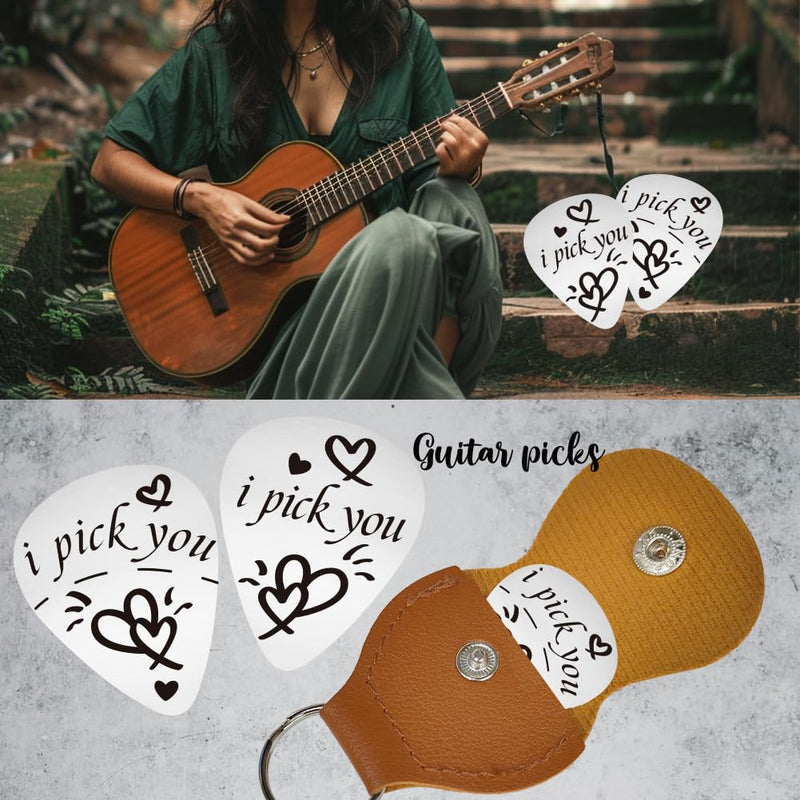 UNICRAFTALE I Pick You Double Side Guitar Picks Plectrum Guitar Set with Heart 1PC Stainless Steel Guitar Pick Keychain with Brown Leather Case Guitar Picks Gifts for Guitar Musician Boyfriend