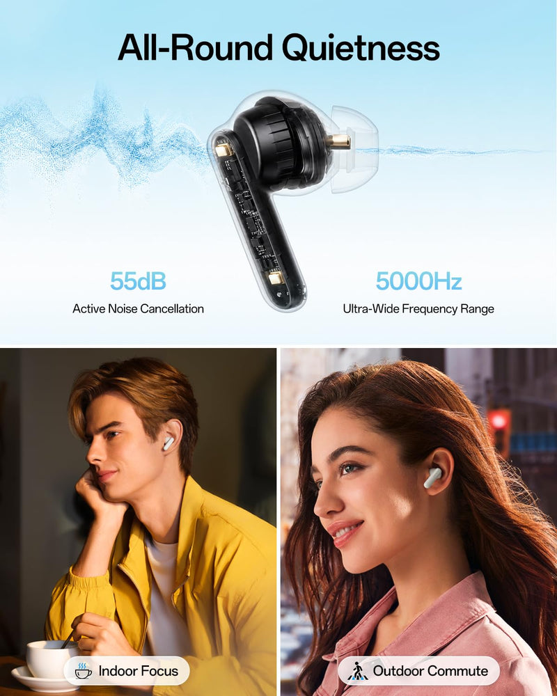 OPPO Enco Air5 Pro True Wireless Earbuds, Bluetooth 6.0 in-Ear Headphones Stereo, 55dB Active Noise Cancellation, Triple-Mic AI Clear Call, Hi-Res Audio, 54H Playtime, Deep Bass, IP55, Pearl White